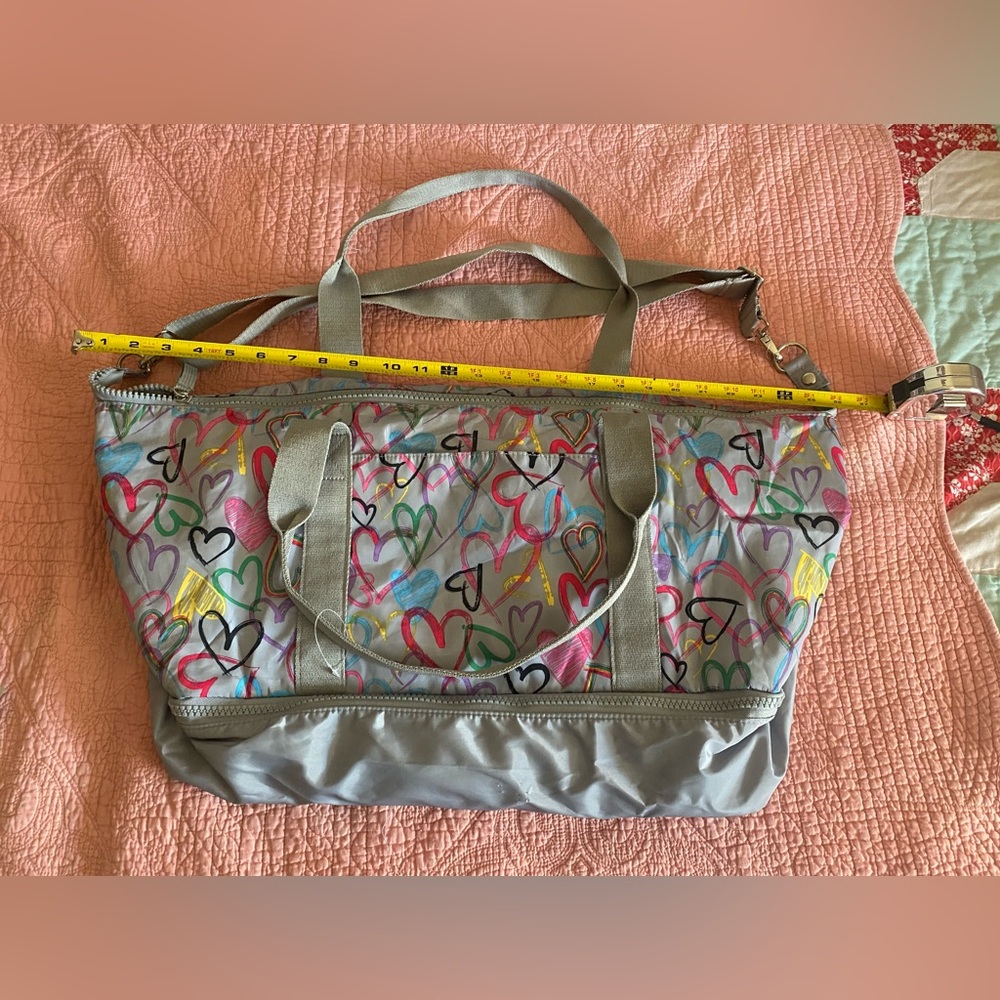 Large Gray Tote Bag with Colorful Heart Design, gym bag, duffel bag, travel bag.